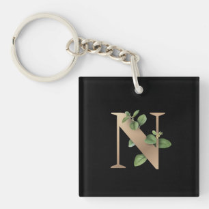 Elegant Botanical Monogram Gold Letter N Key Ring