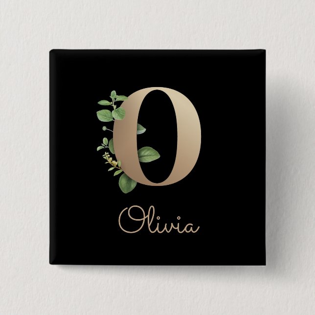 Elegant Botanical Monogram Gold Letter O Button (Front)