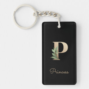 Elegant Botanical Monogram Gold Letter P Key Ring