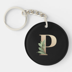 Elegant Botanical Monogram Gold Letter P Key Ring