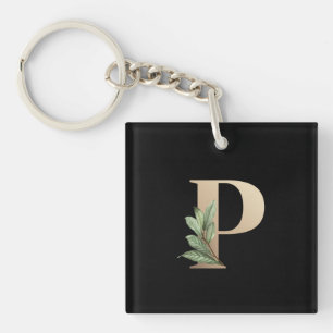 Elegant Botanical Monogram Gold Letter P Key Ring