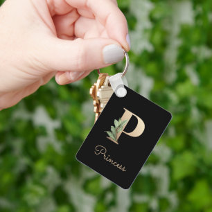 Elegant Botanical Monogram Gold Letter P Keychain