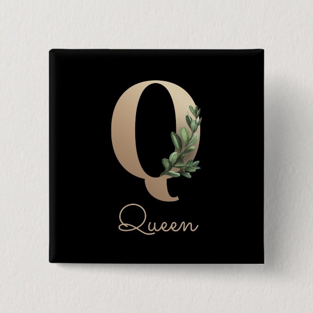 Elegant Botanical Monogram Gold Letter Q Button (Front)