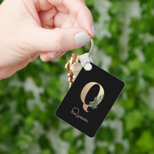 Elegant Botanical Monogram Gold Letter Q Keychain