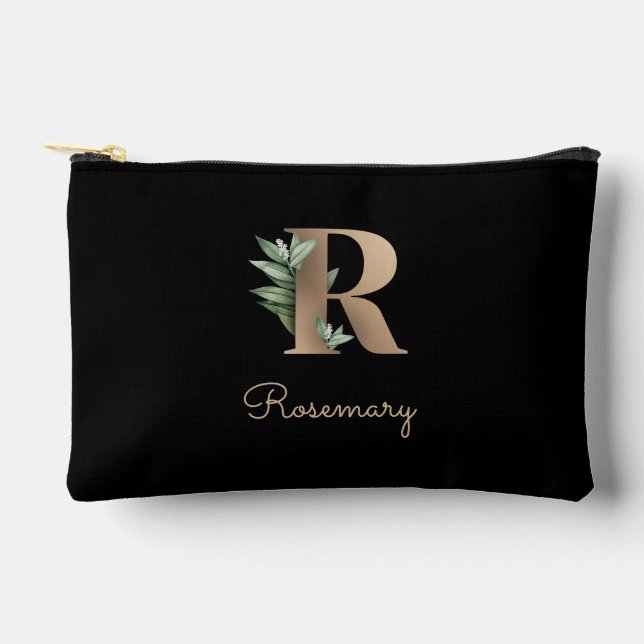 Elegant Botanical Monogram Gold Letter R Accessory Pouch (Front)