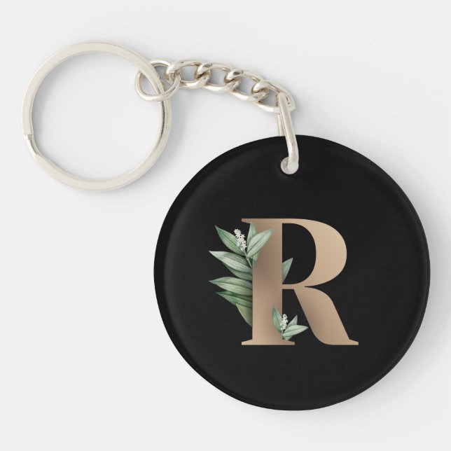 Elegant Botanical Monogram Gold Letter R Key Ring (Front)