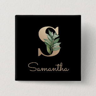 Elegant Botanical Monogram Gold Letter S Button