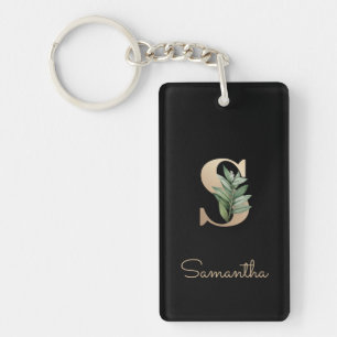 Elegant Botanical Monogram Gold Letter S Key Ring