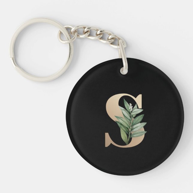 Elegant Botanical Monogram Gold Letter S Key Ring (Front)