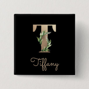 Elegant Botanical Monogram Gold Letter T Button