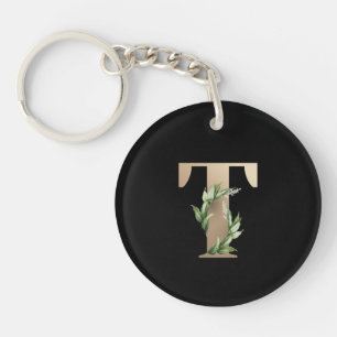 Elegant Botanical Monogram Gold Letter T Key Ring