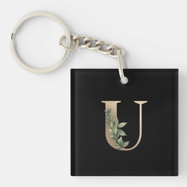 Elegant Botanical Monogram Gold Letter U Key Ring (Front)