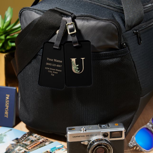 Elegant Botanical Monogram Gold Letter U Luggage Tag (Front & Back)