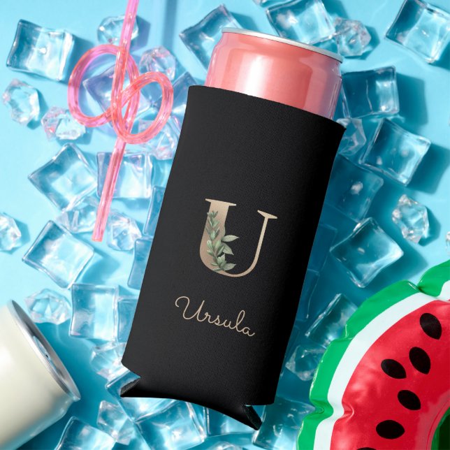 Elegant Botanical Monogram Gold Letter U  Seltzer Can Cooler (In Situ Summer)