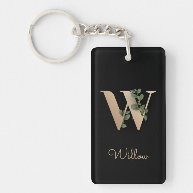 Elegant Botanical Monogram Gold Letter W Key Ring (Front)