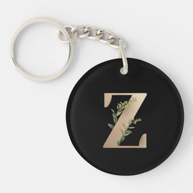 Elegant Botanical Monogram Gold Letter Z Key Ring (Front)