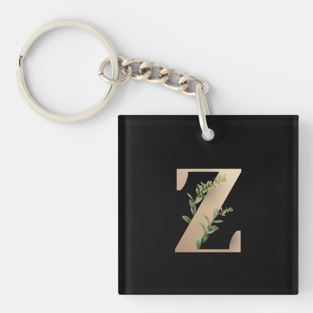 Elegant Botanical Monogram Gold Letter Z Key Ring (Front)