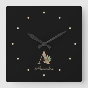 Elegant Botanical Monogram Letter A Square Wall Clock