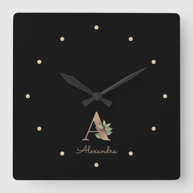 Elegant Botanical Monogram Letter A Square Wall Clock (Front)