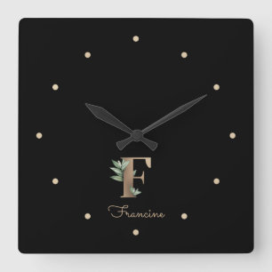 Elegant Botanical Monogram Letter F Square Wall Clock