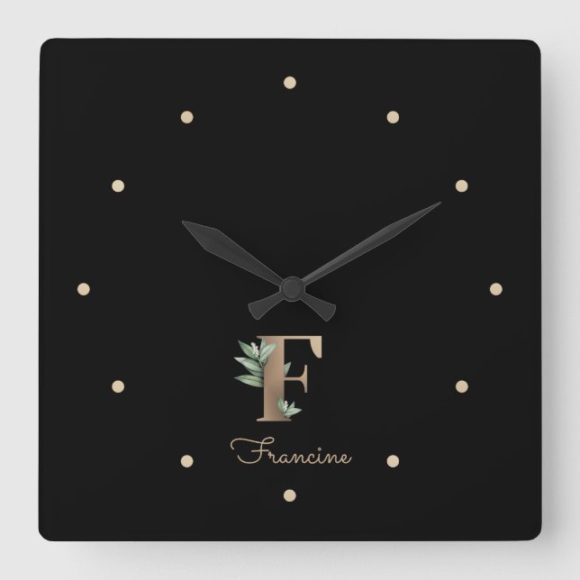 Elegant Botanical Monogram Letter F Square Wall Clock (Front)