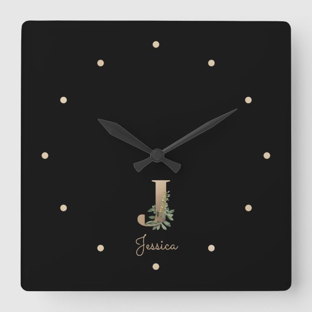 Elegant Botanical Monogram Letter J Square Wall Clock (Front)