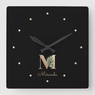 Elegant Botanical Monogram Letter M Square Wall Clock