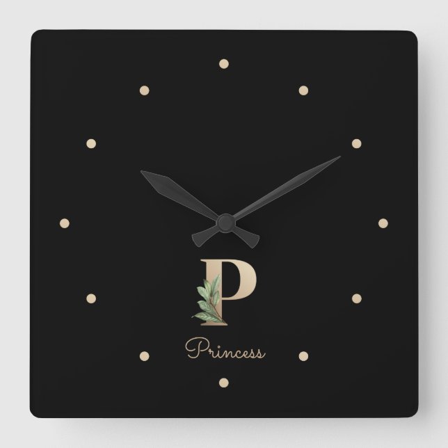 Elegant Botanical Monogram Letter P Square Wall Clock (Front)
