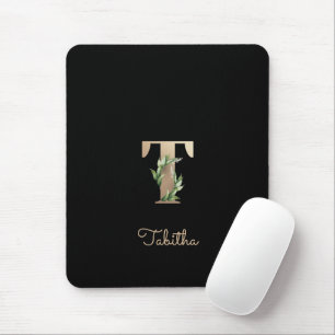 Elegant Botanical Monogram Letter T Mouse Pad