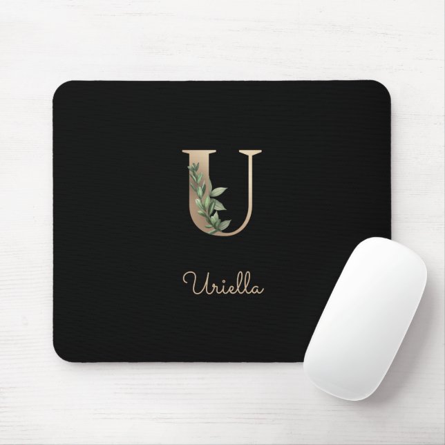 Elegant Botanical Monogram Letter U  Mouse Mat (With Mouse)