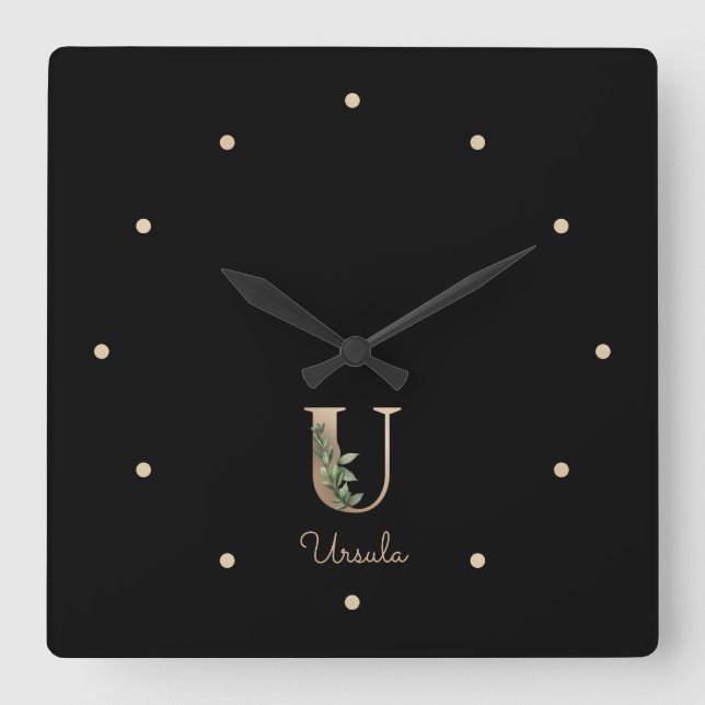 Elegant Botanical Monogram Letter U Square Wall Clock (Front)