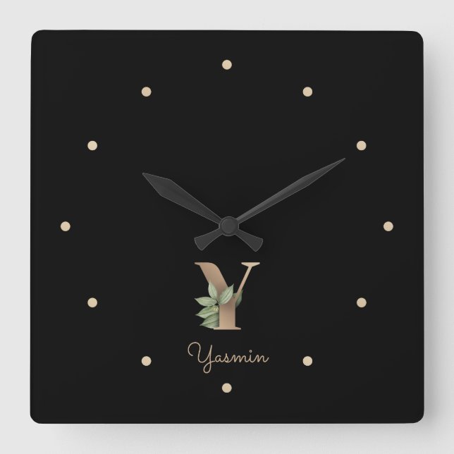 Elegant Botanical Monogram Letter Y Square Wall Clock (Front)