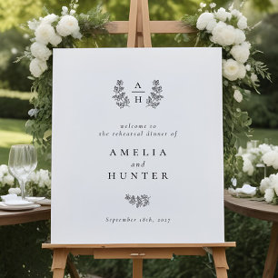 Elegant Botanical Monogram Rehearsal Dinner Sign