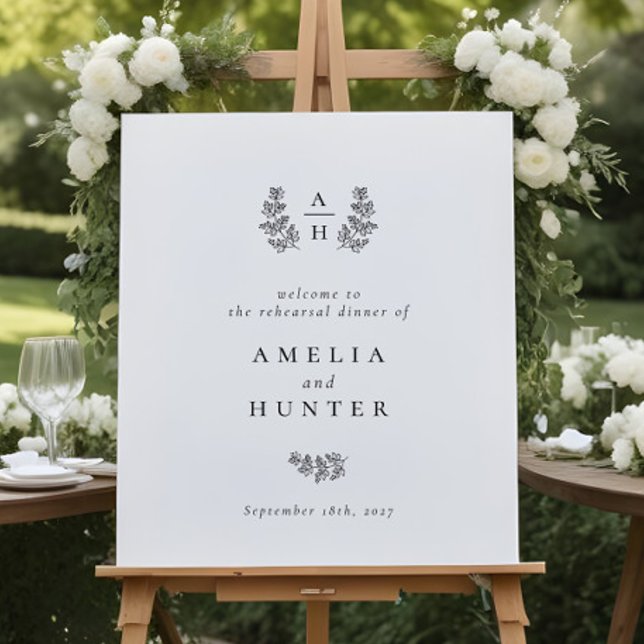 Elegant Botanical Monogram Rehearsal Dinner Sign (Creator Uploaded)