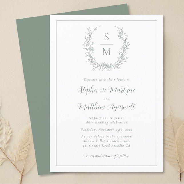 Elegant Botanical Monogram Sage Green Wedding Invitation (Creator Uploaded)
