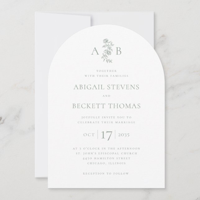 Elegant Botanical Monogram Wedding Invitation (Front)