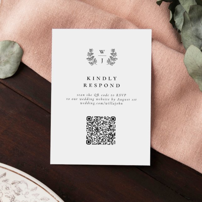 Elegant Botanical Monogram Wedding QR Code RSVP Card (Creator Uploaded)
