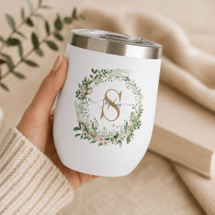 Elegant Botanical Monogram Wine Tumbler with Name