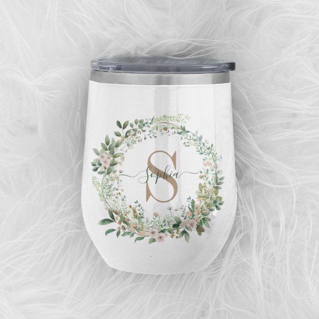 Elegant Botanical Monogram Wine Tumbler with Name (Creator Uploaded)