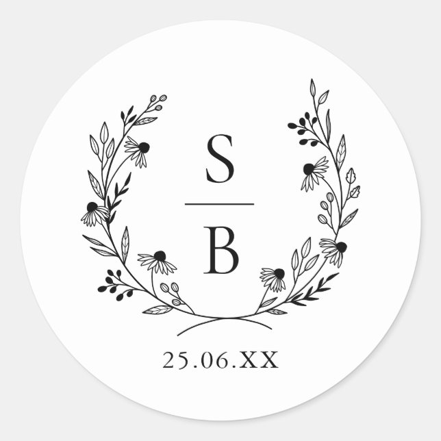 Elegant Botanical Monogram Wreath Wedding Classic Round Sticker (Front)
