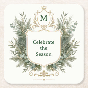 Elegant Botanical Monogrammed Crest Holiday Square Paper Coaster