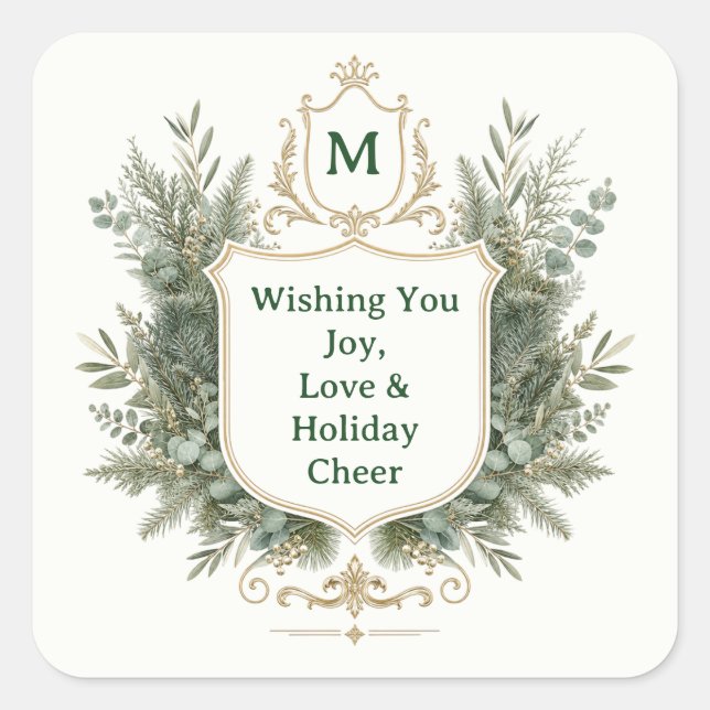 Elegant Botanical Monogrammed Crest Holiday Square Sticker (Front)