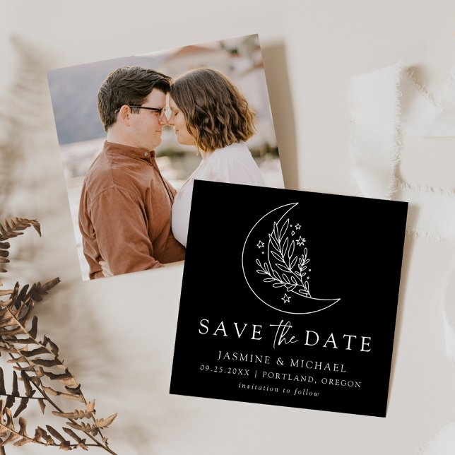 Elegant Botanical Moon and Stars Black and White Save The Date (Creator Uploaded)