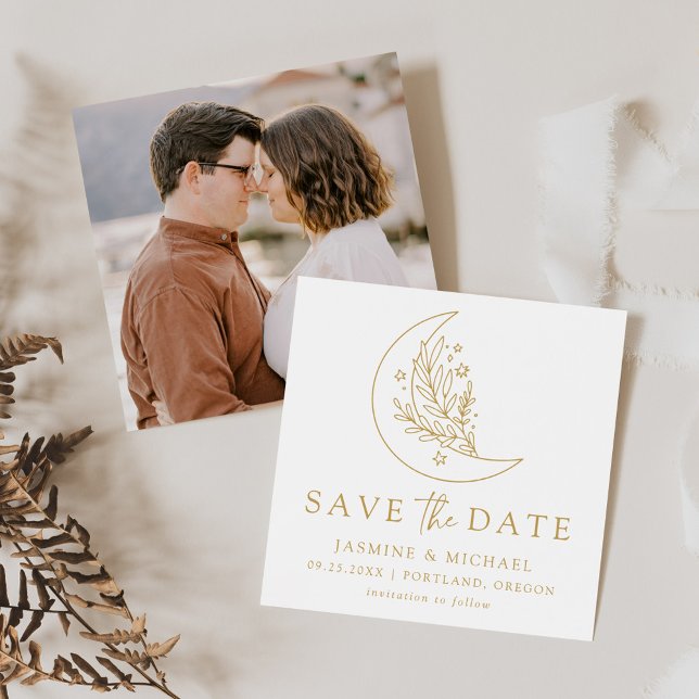 Elegant Botanical Moon and Stars Gold Wedding Save The Date (Creator Uploaded)