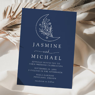 Elegant Botanical Moon and Stars Navy Wedding Invitation