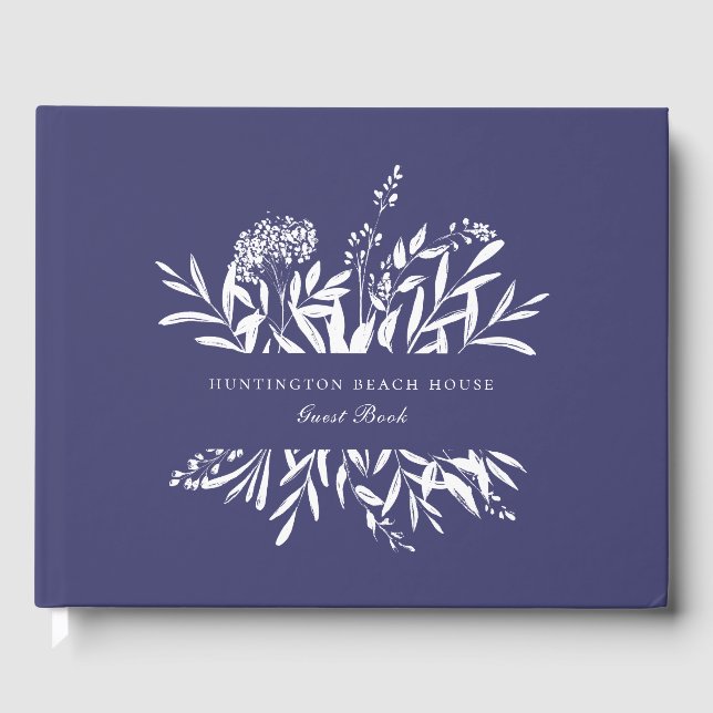 Elegant Botanical Navy Blue Vacation Home Guest Book (Front)