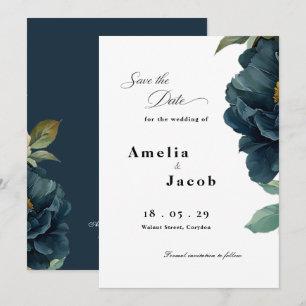 Elegant Botanical Navy Blue Wedding Save The Date