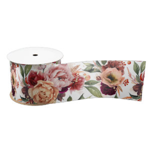 Elegant Botanical Orange and Burgundy Red Floral Satin Ribbon