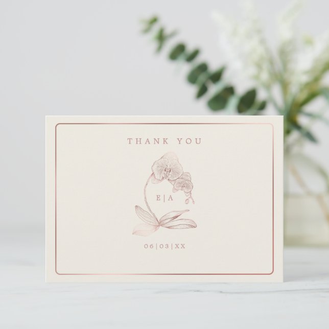 Elegant Botanical Orchid Monogram Wedding  Thank You Card (Standing Front)