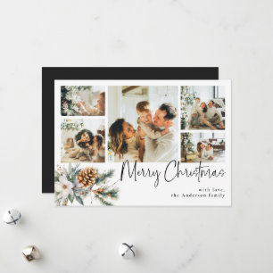 Elegant Botanical & Photo Collage Black Christmas Holiday Card